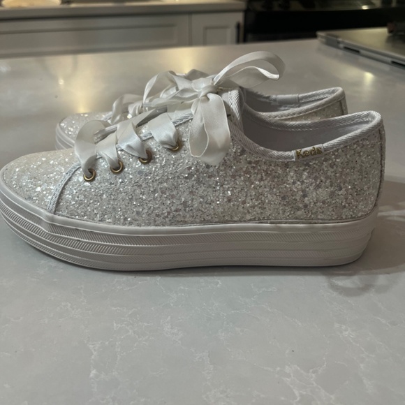 KIDS platform sparkly keds lace up sneaker 3 silver wedding flower girl bride - Picture 4 of 4